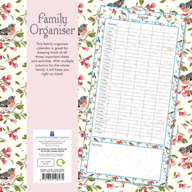 Birdsong Family Organiser – 2024 Square Wall Calendar 16 Months School Planner