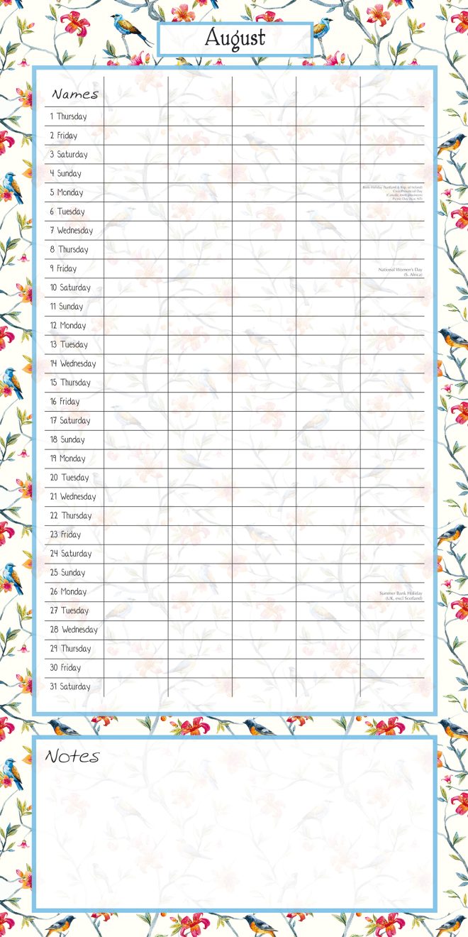 Birdsong Family Organiser – 2024 Square Wall Calendar 16 Months School Planner