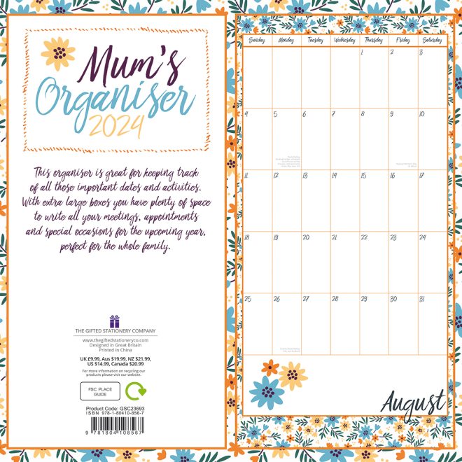 Mum’s Organiser 2024 Square Wall Calendar 16 Months School Planner New Year Gift