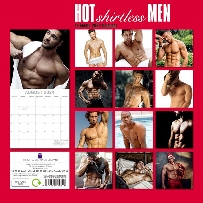 Hot Shirtless Men – 2024 Square Wall Calendar 16 Months Planner New Year Gift