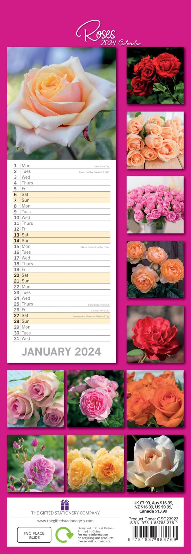 Roses – 2024 Slimline Slim Wall Calendar Hanging Planner New Year Gift