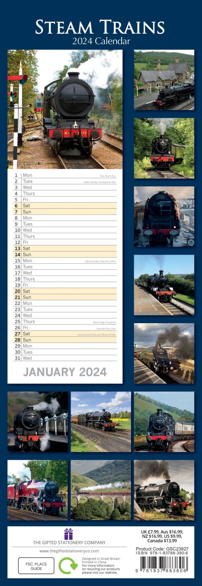 Steam Trains – 2024 Slimline Slim Wall Calendar Hanging Planner New Year Gift