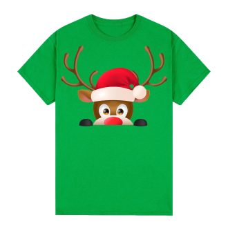 100% Cotton Christmas T-shirt Adult Unisex Tee Tops Funny Santa Party Custume, Reindeer Head (Green)