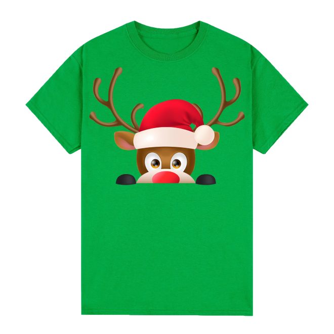 100% Cotton Christmas T-shirt Adult Unisex Tee Tops Funny Santa Party Custume, Reindeer Head (Green) – S