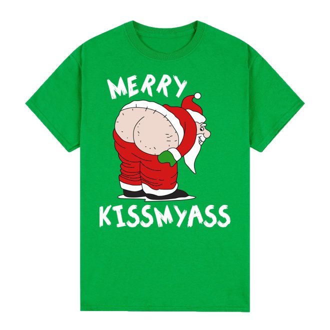 100% Cotton Christmas T-shirt Adult Unisex Tee Tops Funny Santa Party Custume, Merry Kissmyass (Green) – S