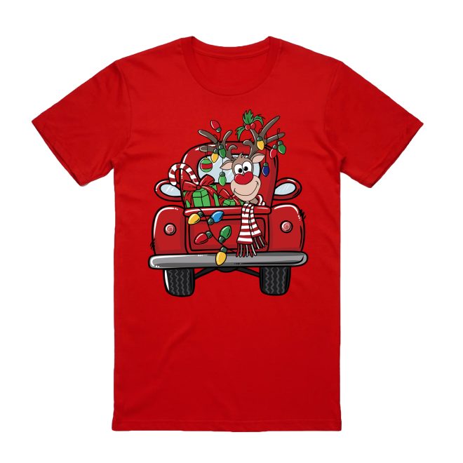 100% Cotton Christmas T-shirt Adult Unisex Tee Tops Funny Santa Party Custume, Car with Reindeer (Red) – S