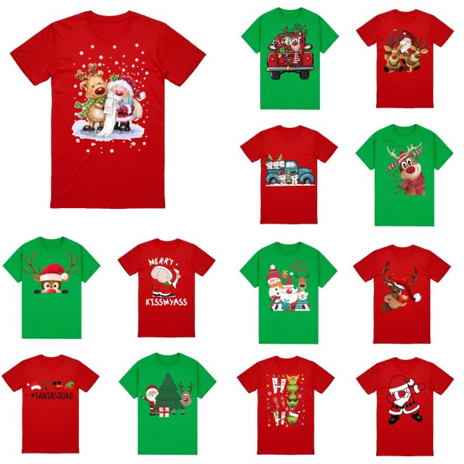 100% Cotton Christmas T-shirt Adult Unisex Tee Tops Funny Santa Party Custume, Car with Reindeer (Red) – S