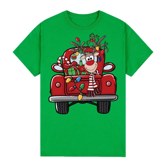 100% Cotton Christmas T-shirt Adult Unisex Tee Tops Funny Santa Party Custume, Car with Reindeer (Green) – S