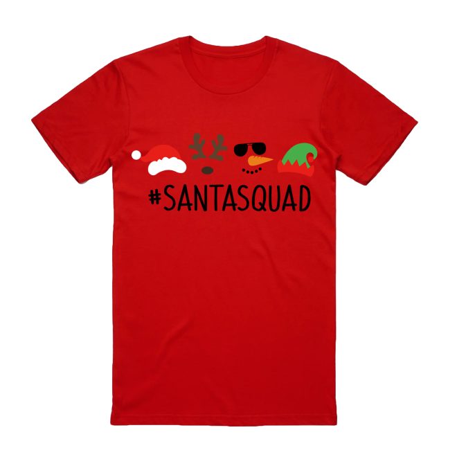 100% Cotton Christmas T-shirt Adult Unisex Tee Tops Funny Santa Party Custume, Santa Squad (Red) – S