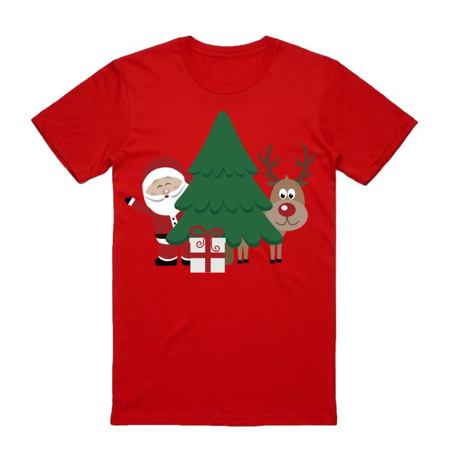 100% Cotton Christmas T-shirt Adult Unisex Tee Tops Funny Santa Party Custume, Santa with Tree (Red) – S