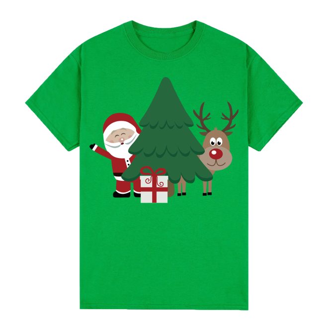 100% Cotton Christmas T-shirt Adult Unisex Tee Tops Funny Santa Party Custume, Santa with Tree (Green) – S