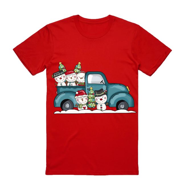 100% Cotton Christmas T-shirt Adult Unisex Tee Tops Funny Santa Party Custume, Car with Snowman (Red) – S