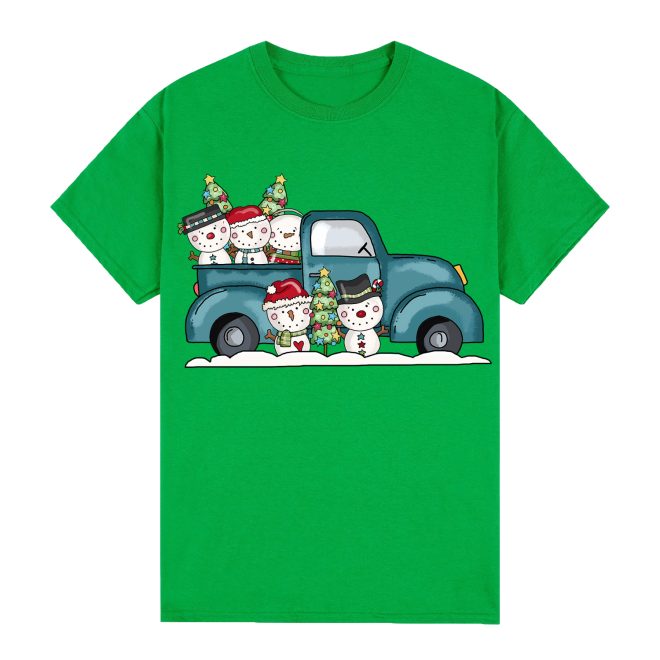 100% Cotton Christmas T-shirt Adult Unisex Tee Tops Funny Santa Party Custume, Car with Snowman (Green) – S