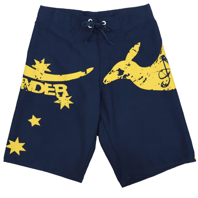 Men’s Adult Board Shorts Australia Day Kangaroo Down Under Souvenir Beach Wear – S, Navy and White