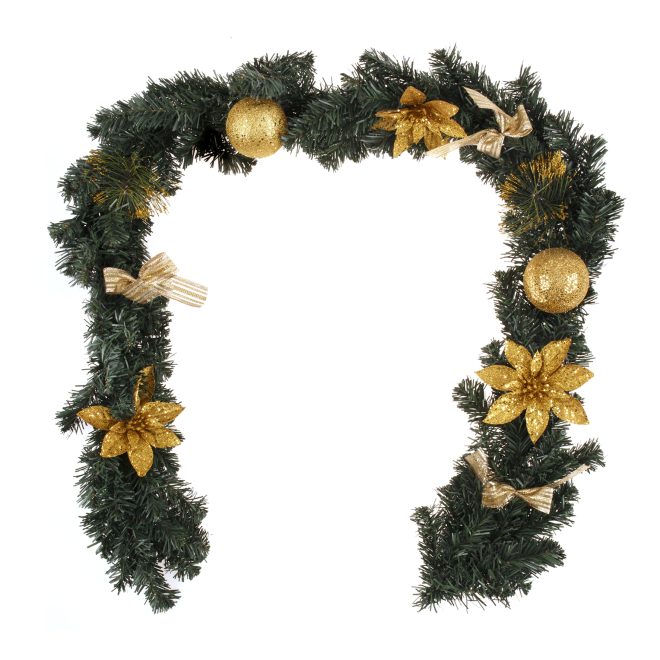 1.8m/6ft Christmas Pine Green Garland Gold Balls Flower Bows Xmas Hanging Décor, Gold, Green