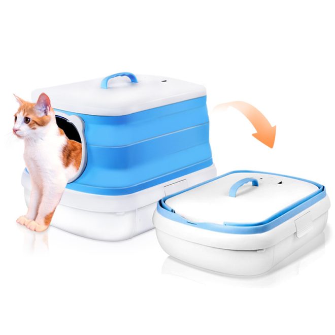 Large Foldable Cat Litter Box Plastic Toilet Easy Cleaning – Blue