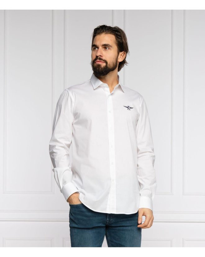 Aeronautica Militare White Cotton Shirt with Eagle Logo and Button Closure – L