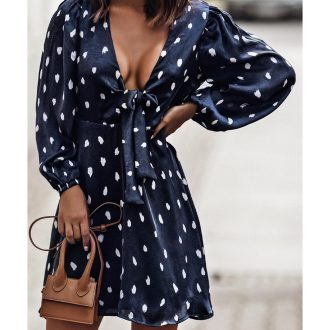 Azura Exchange Dot Print A-Line Dress with Deep V Neck and Balloon Sleeves