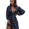 Azura Exchange Dot Print A-Line Dress with Deep V Neck and Balloon Sleeves – L