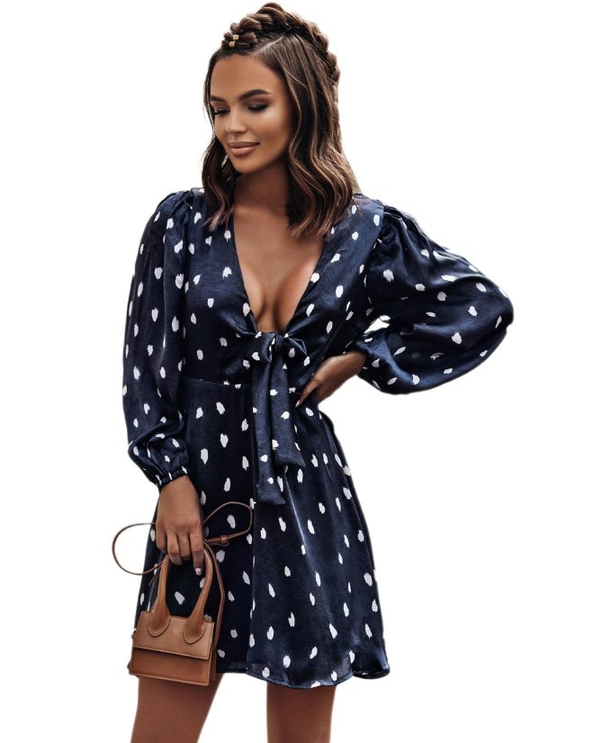 Azura Exchange Dot Print A-Line Dress with Deep V Neck and Balloon Sleeves – L