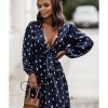 Azura Exchange Dot Print A-Line Dress with Deep V Neck and Balloon Sleeves – L