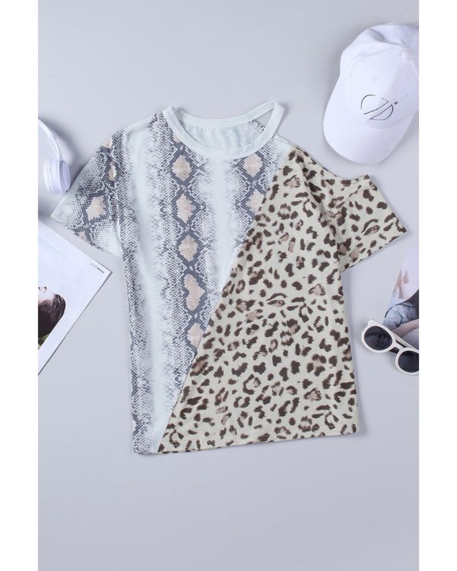 Azura Exchange Snakeskin Leopard Color Block Cold Shoulder T-shirt – L