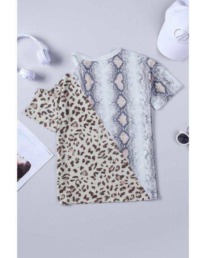 Azura Exchange Snakeskin Leopard Color Block Cold Shoulder T-shirt – L