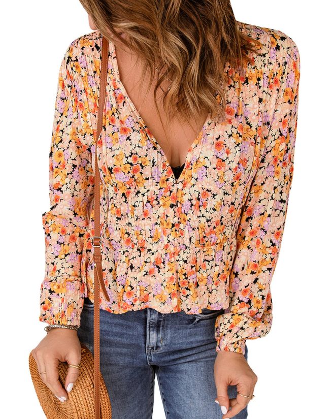 Azura Exchange Floral V Neck Peplum Shirt – L