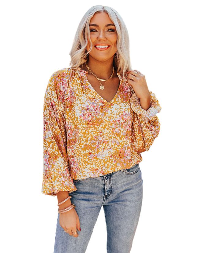 Azura Exchange Floral Split V Neck Blouse – L