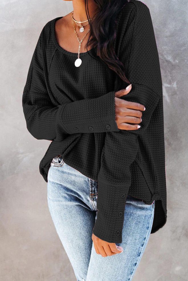 Azura Exchange Button Detail Waffle Knit Long Sleeve Top – 2XL