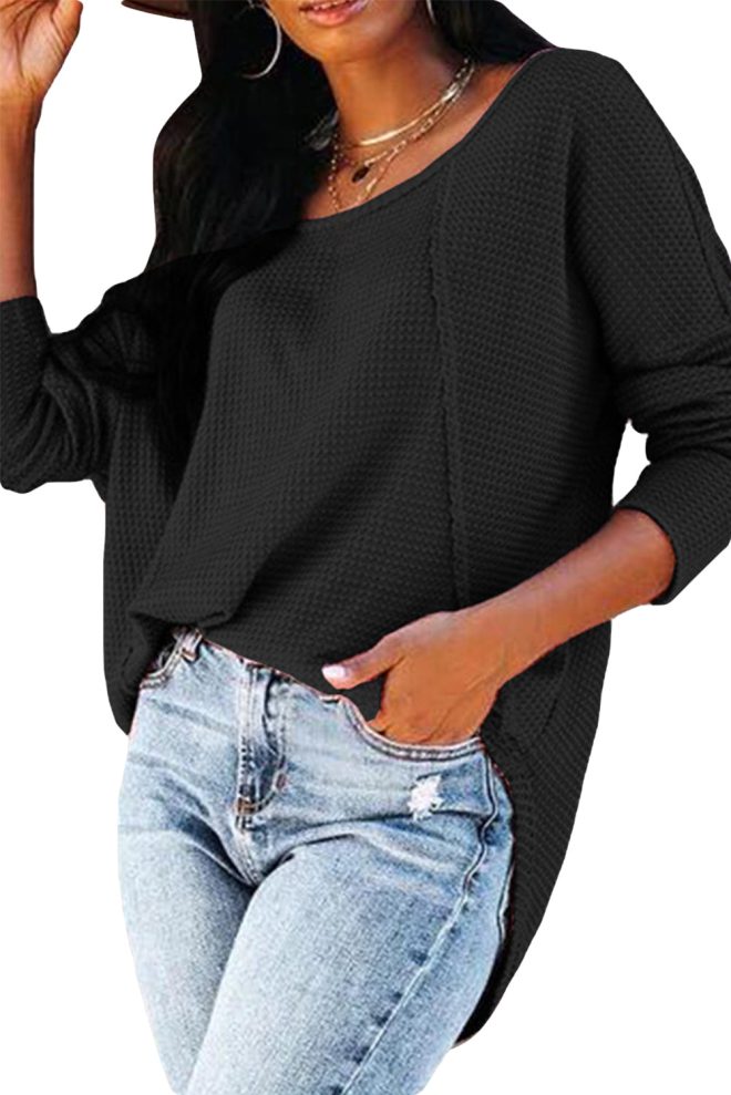 Azura Exchange Button Detail Waffle Knit Long Sleeve Top – 2XL