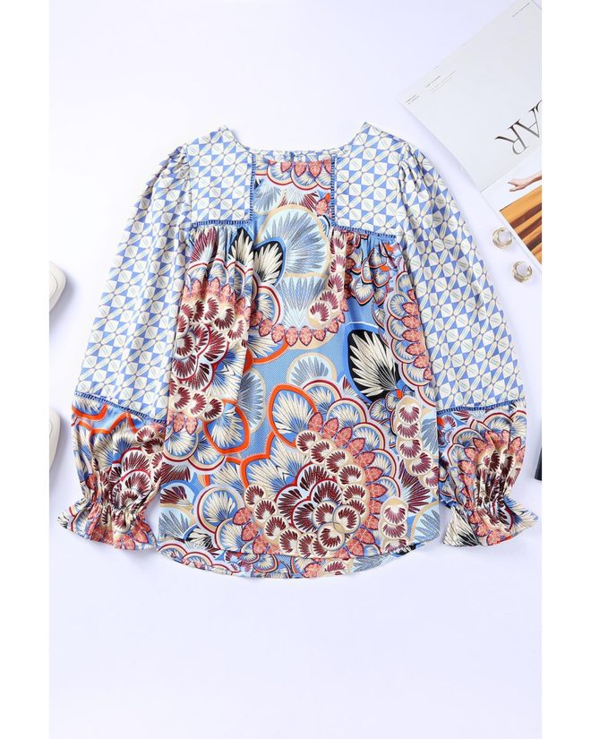 Azura Exchange Mixed Floral Geometric Print Ruffled Blouse – S