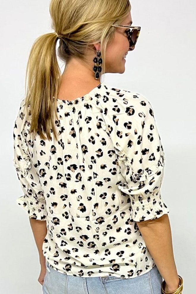 Azura Exchange Leopard Print Frilled Half Sleeve Blouse with Tassel Tie – L