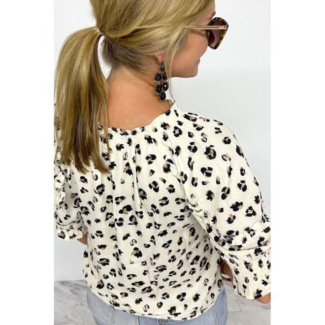 Azura Exchange Leopard Print Frilled Half Sleeve Blouse with Tassel Tie – L