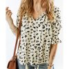 Azura Exchange Leopard Print Frilled Half Sleeve Blouse with Tassel Tie – L