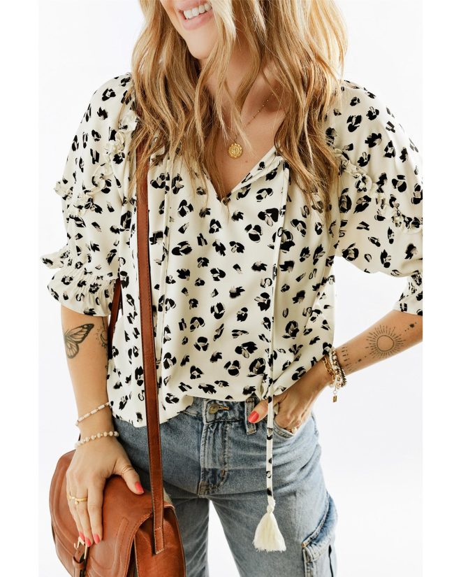 Azura Exchange Leopard Print Frilled Half Sleeve Blouse with Tassel Tie – L