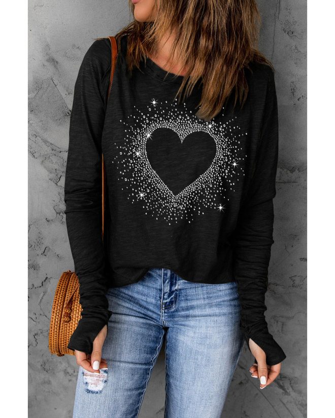 Azura Exchange Rhinestone Heart Print Long Sleeve Top – M