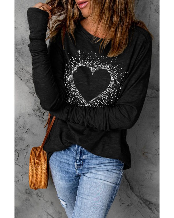 Azura Exchange Rhinestone Heart Print Long Sleeve Top – M