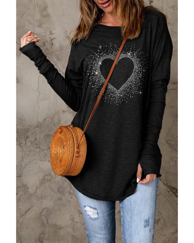 Azura Exchange Rhinestone Heart Print Long Sleeve Top – M