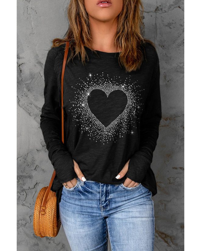 Azura Exchange Rhinestone Heart Print Long Sleeve Top – M