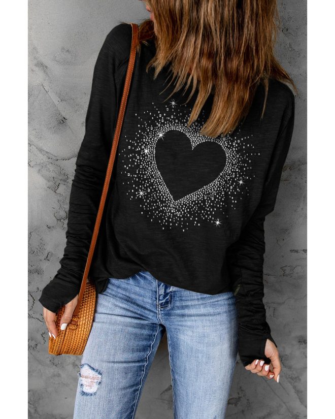 Azura Exchange Rhinestone Heart Print Long Sleeve Top – M