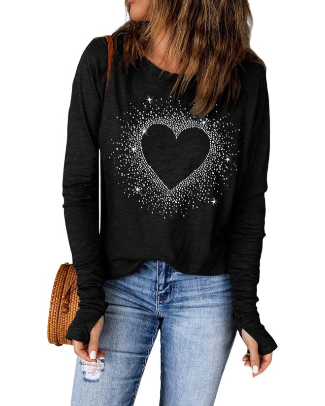 Azura Exchange Rhinestone Heart Print Long Sleeve Top – M