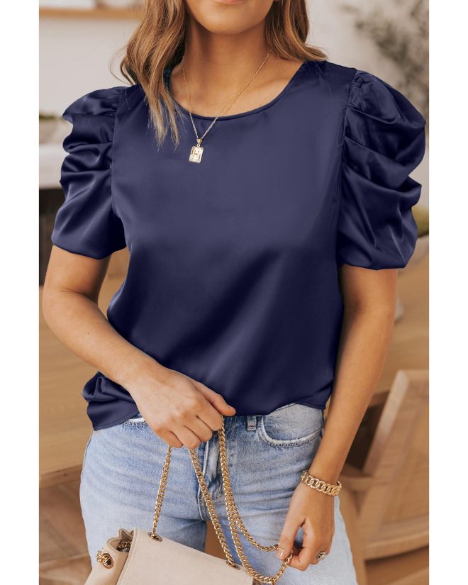 Azura Exchange Ruched Puff Sleeve Satin Blouse – XL