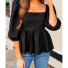 Azura Exchange Textured Square Neck Puff Sleeve Peplum Blouse – L