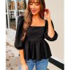 Azura Exchange Textured Square Neck Puff Sleeve Peplum Blouse – L