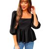 Azura Exchange Textured Square Neck Puff Sleeve Peplum Blouse – L