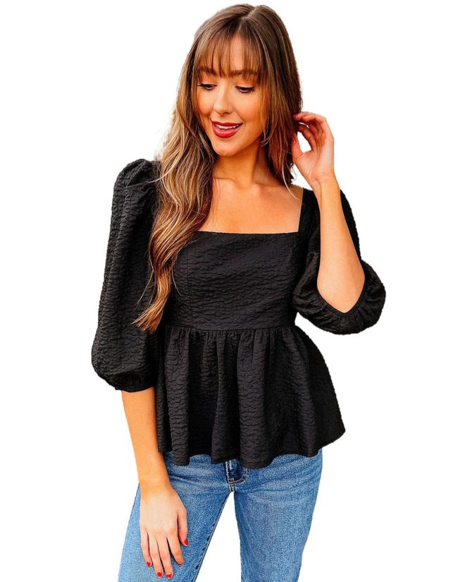 Azura Exchange Textured Square Neck Puff Sleeve Peplum Blouse – L