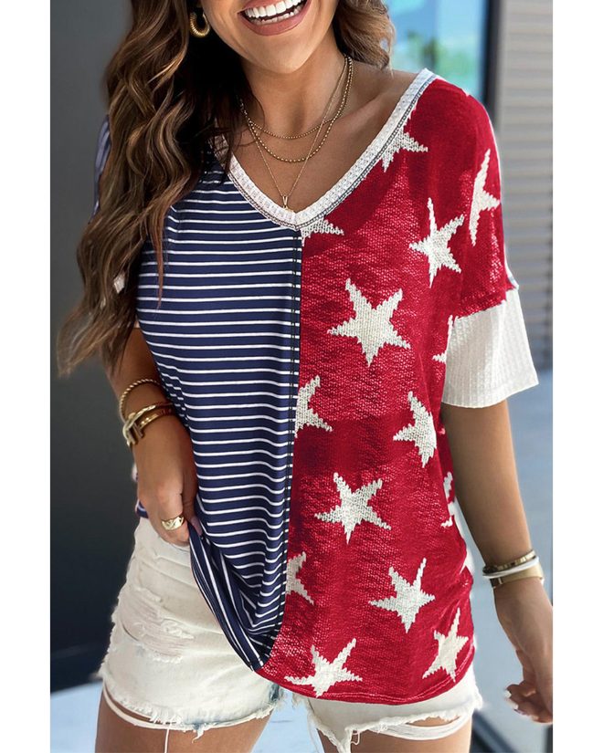 Azura Exchange Stripes Stars Print Knit Short Sleeves Top – L