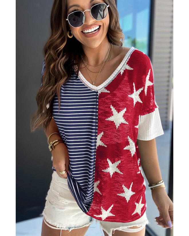 Azura Exchange Stripes Stars Print Knit Short Sleeves Top – L