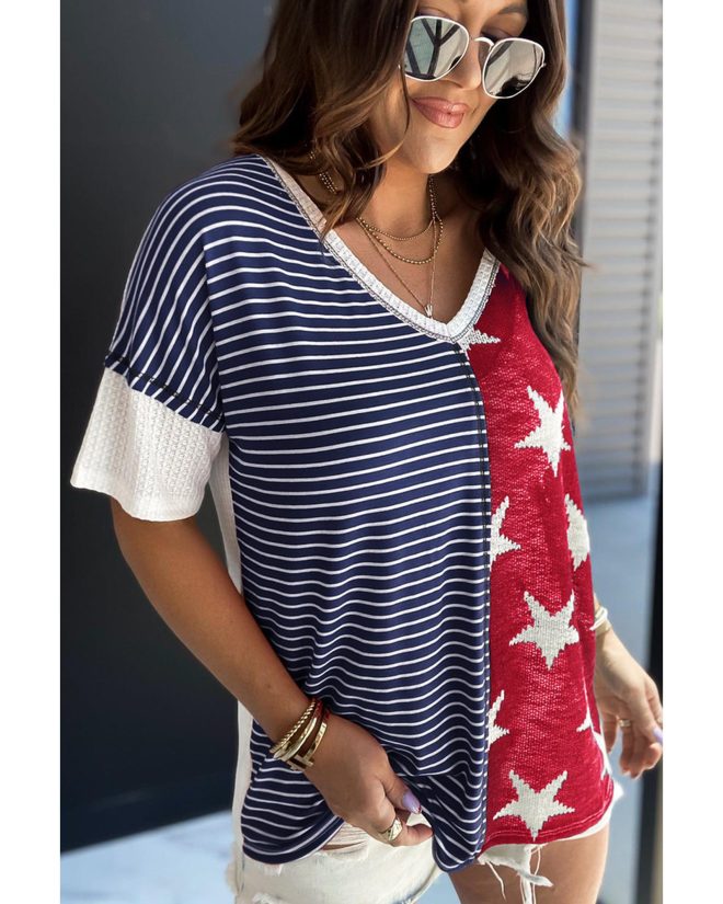 Azura Exchange Stripes Stars Print Knit Short Sleeves Top – L